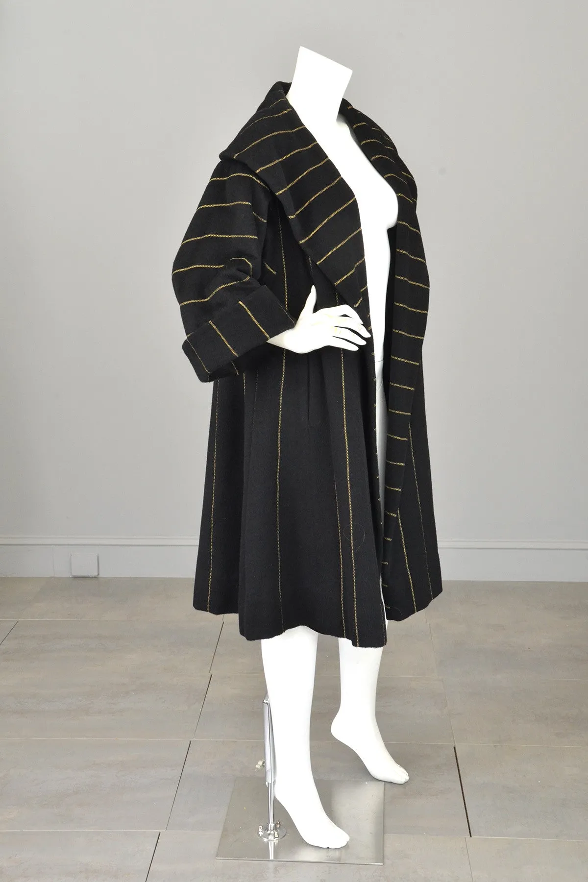 1950s 60s Black Wool Gold Metallic Swing Coat MOD Coat