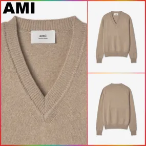 AMI PARIS  |Wool Street Style Long Sleeves Plain Logo Designers Sweaters