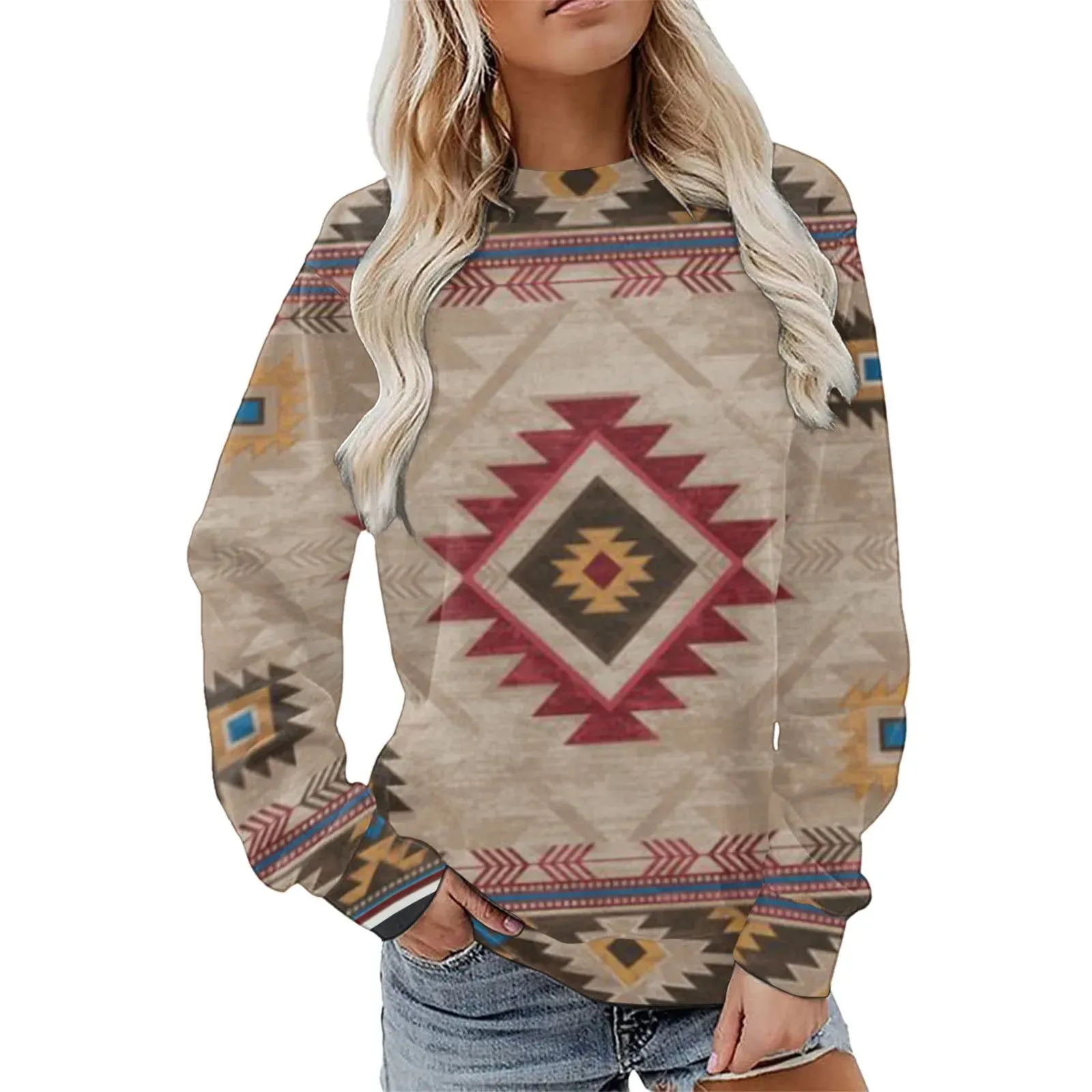 Autumn Winter Southwest Geometric Print Sweatshirt Women's Casual Round Neck Vintgae Hoodie Blouse Loose Sweatshirts