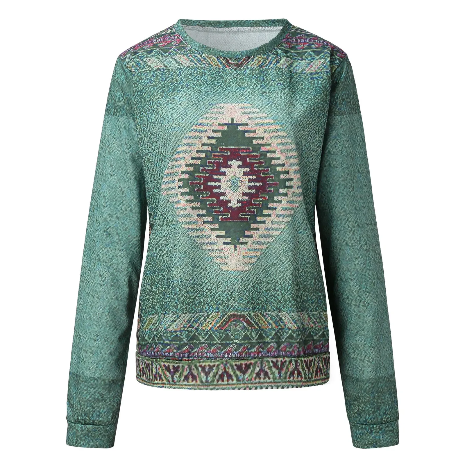 Autumn Winter Southwest Geometric Print Sweatshirt Women's Casual Round Neck Vintgae Hoodie Blouse Loose Sweatshirts