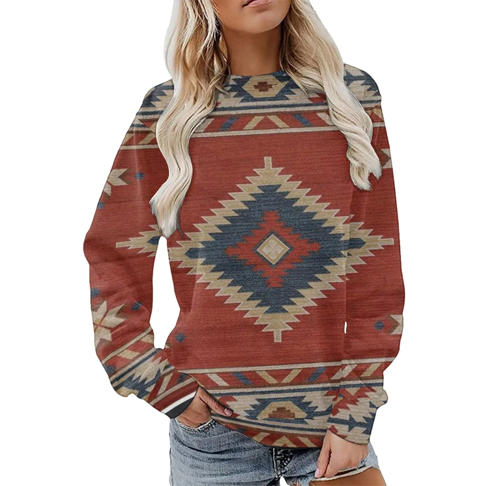 Autumn Winter Southwest Geometric Print Sweatshirt Women's Casual Round Neck Vintgae Hoodie Blouse Loose Sweatshirts