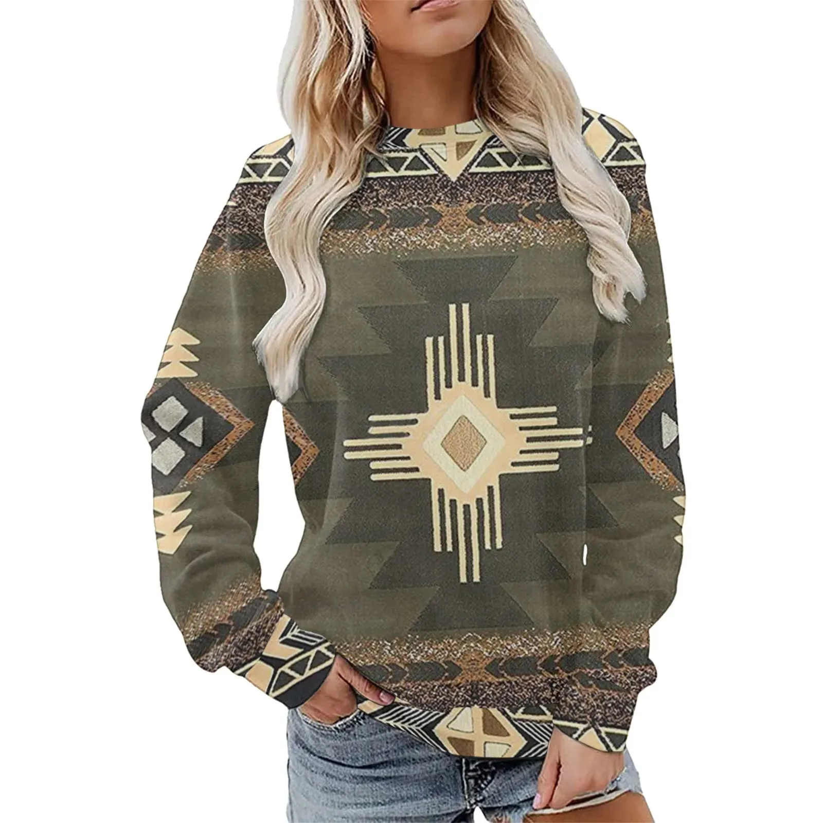 Autumn Winter Southwest Geometric Print Sweatshirt Women's Casual Round Neck Vintgae Hoodie Blouse Loose Sweatshirts