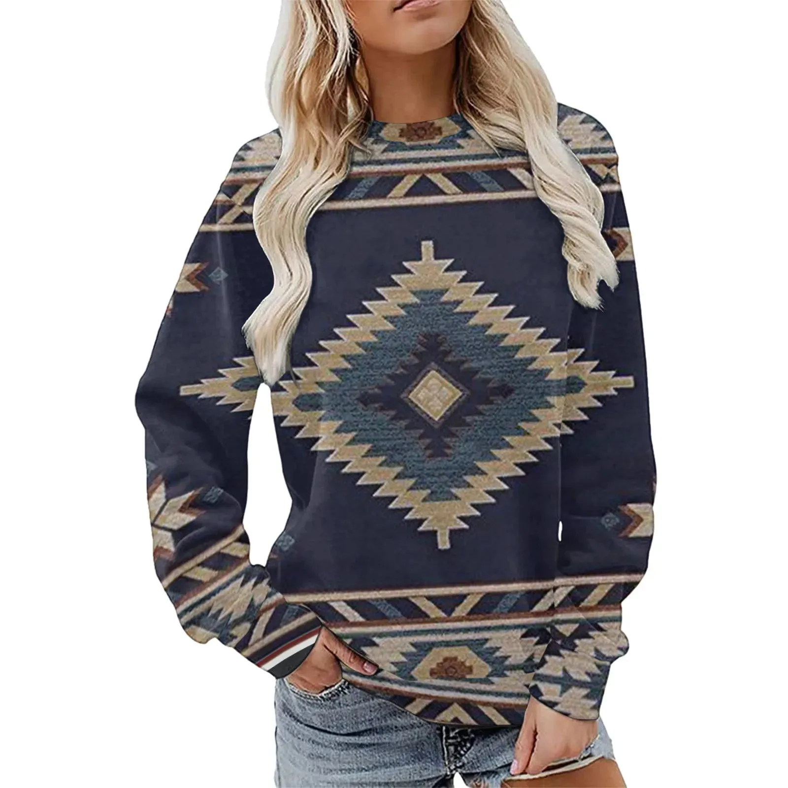 Autumn Winter Southwest Geometric Print Sweatshirt Women's Casual Round Neck Vintgae Hoodie Blouse Loose Sweatshirts