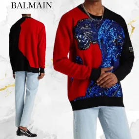 BALMAIN  |Wool Street Style U-Neck Long Sleeves Luxury Sweaters