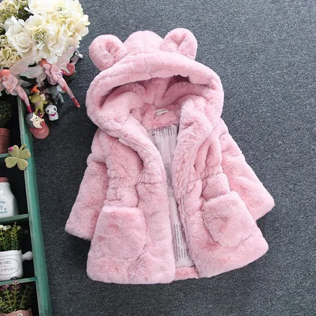 Bear Ears Faux Fur Hooded Winter Coat