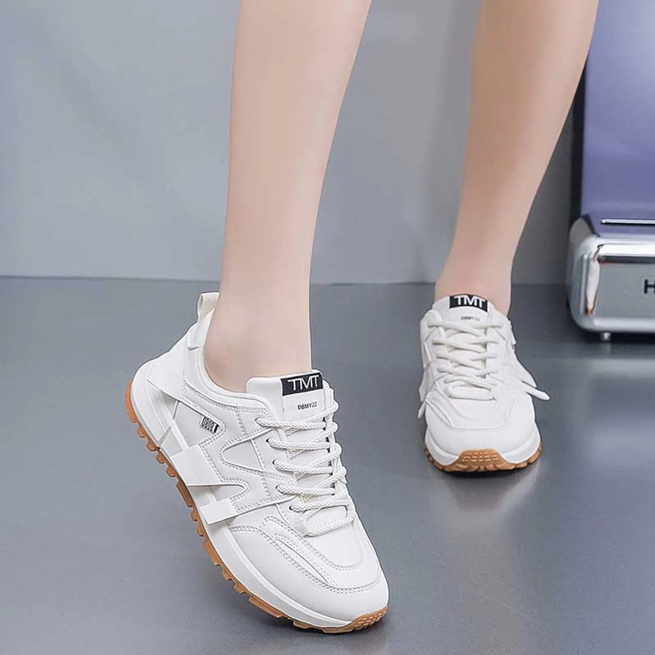 Beige label pattern layered accents shoe sneaker