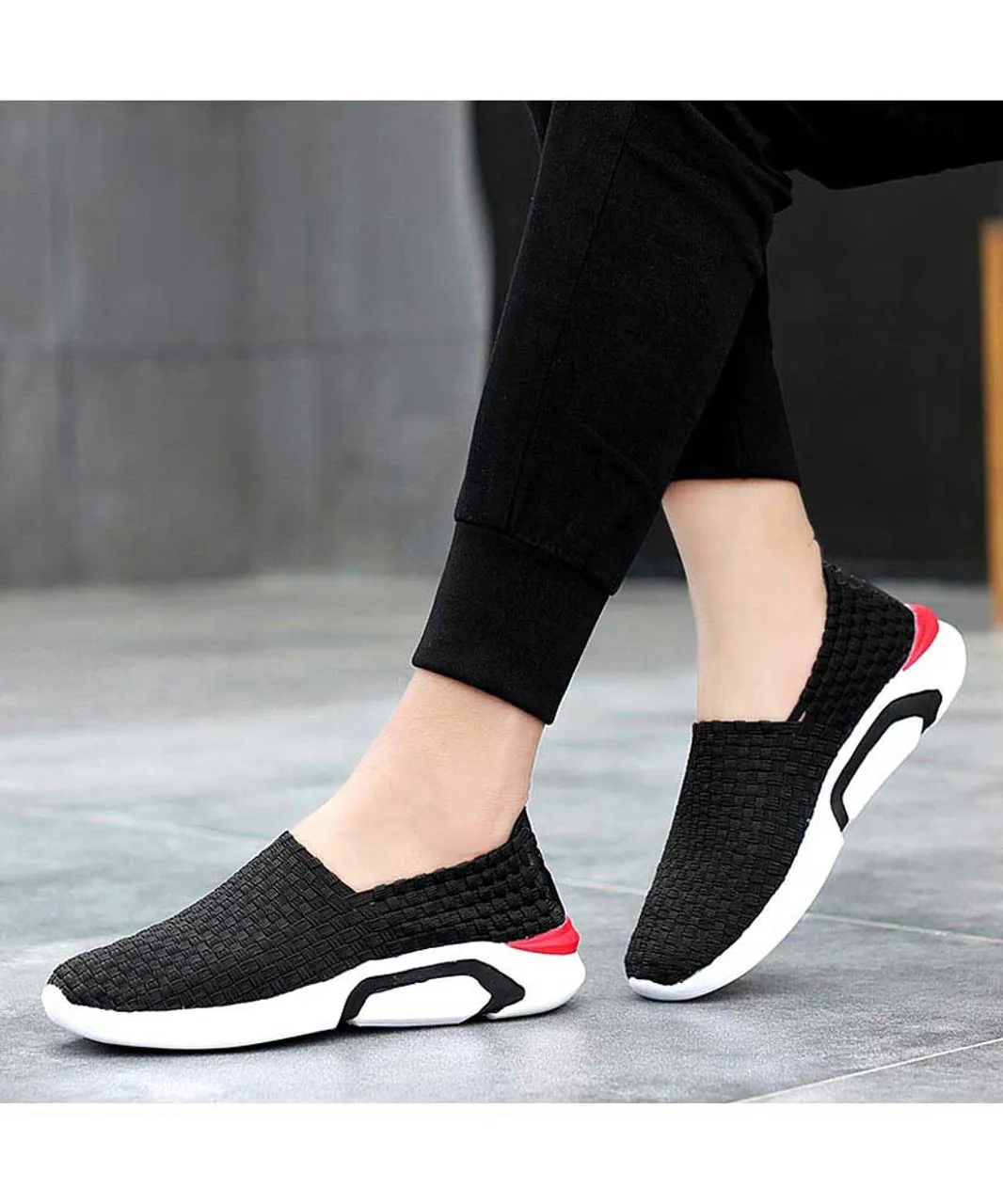 Black check weave slip on shoe sneaker