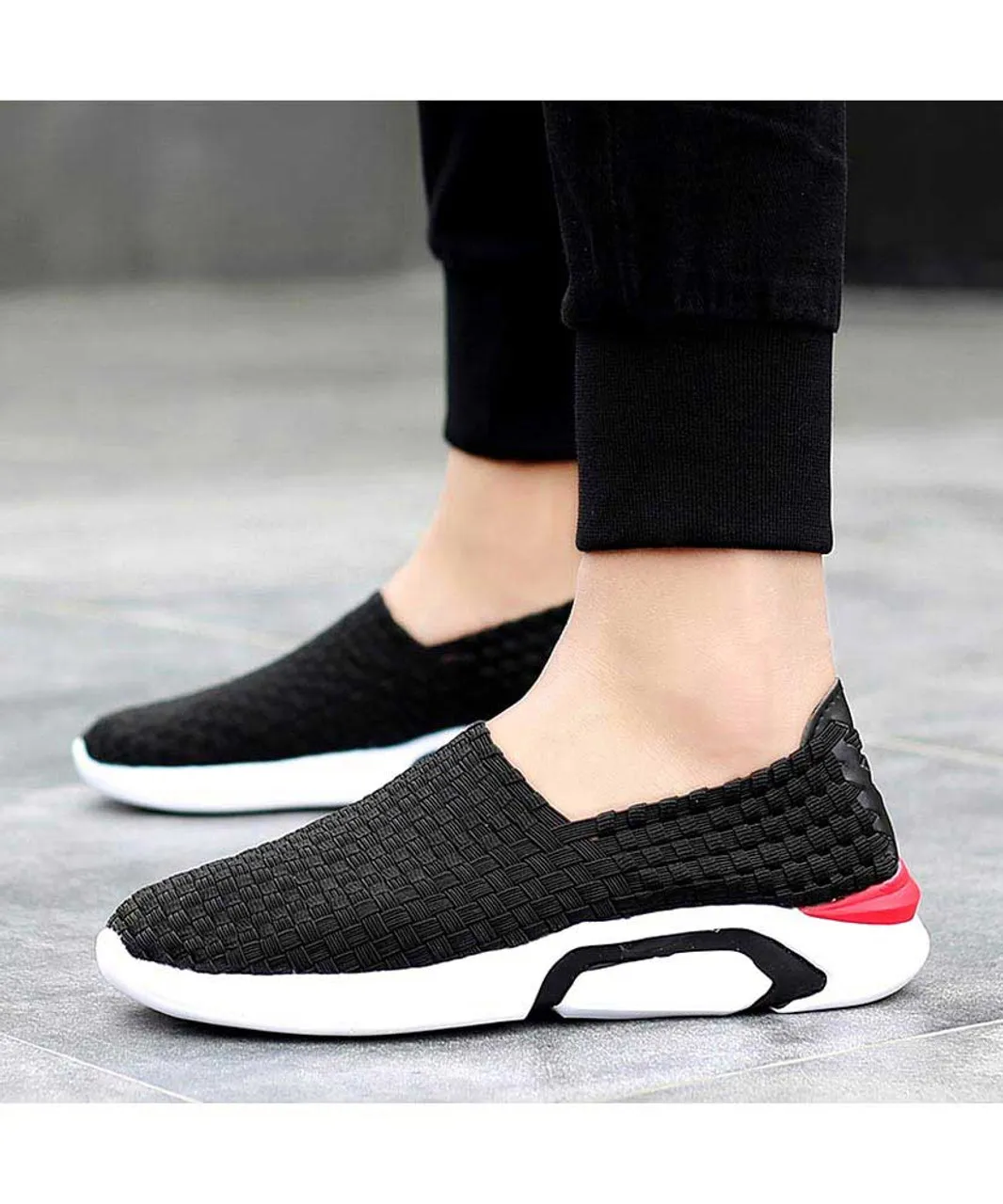 Black check weave slip on shoe sneaker