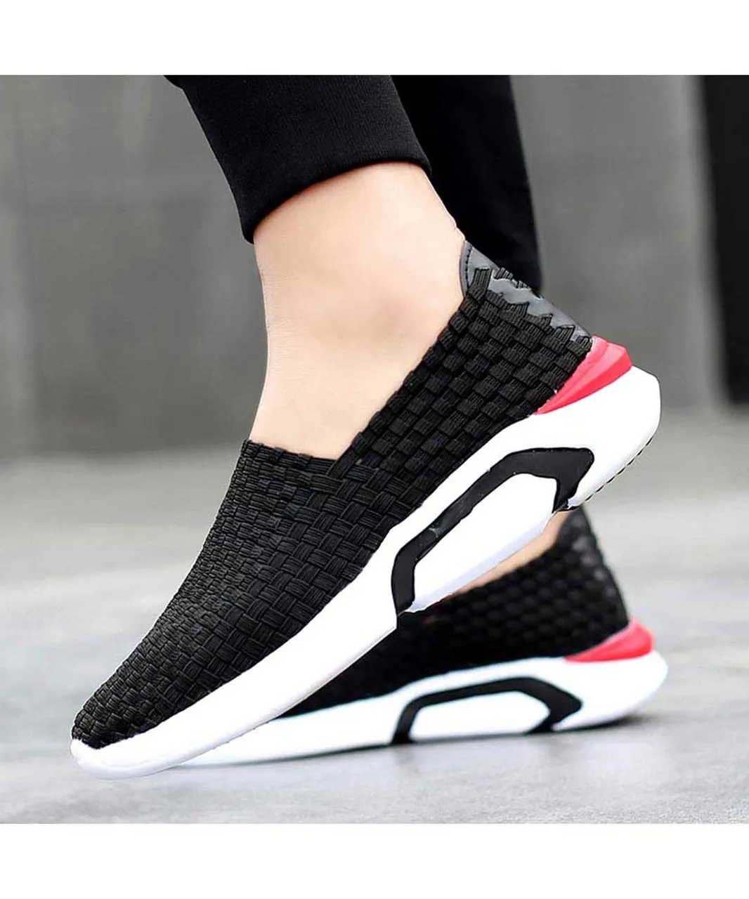 Black check weave slip on shoe sneaker