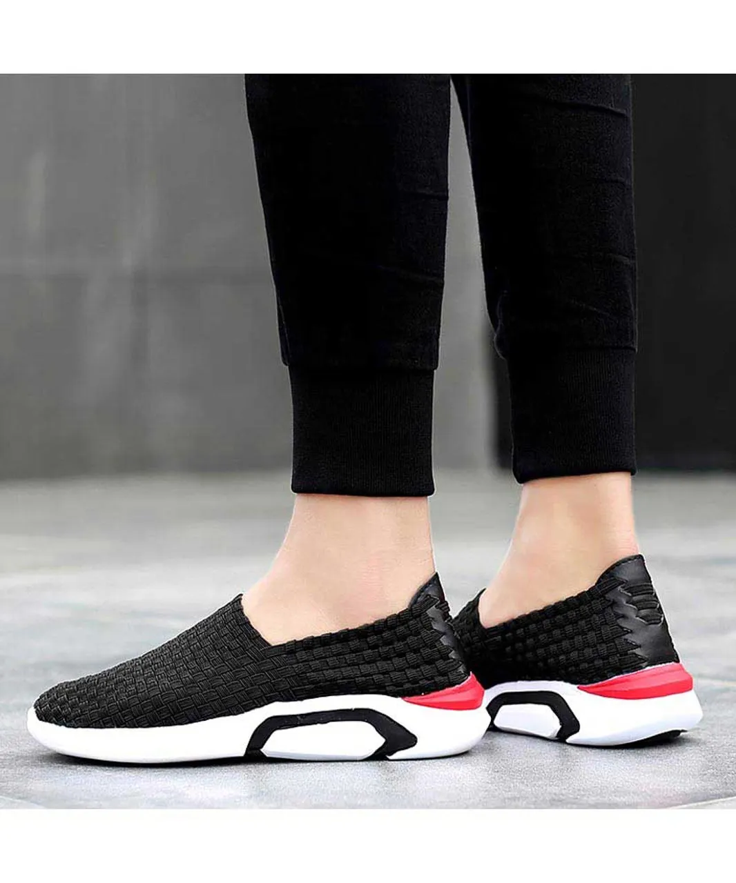 Black check weave slip on shoe sneaker