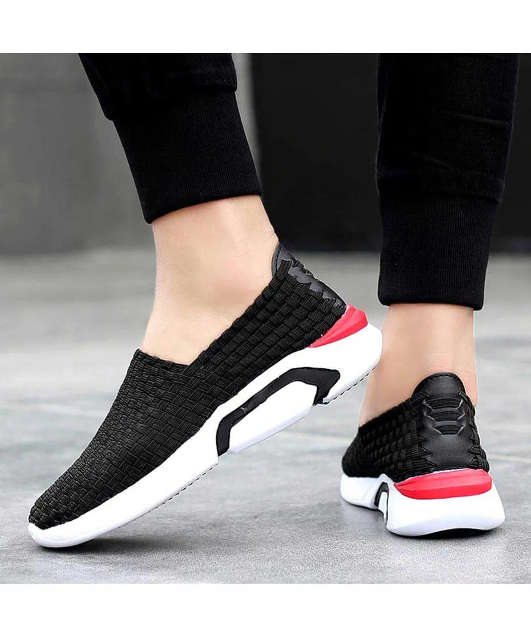 Black check weave slip on shoe sneaker