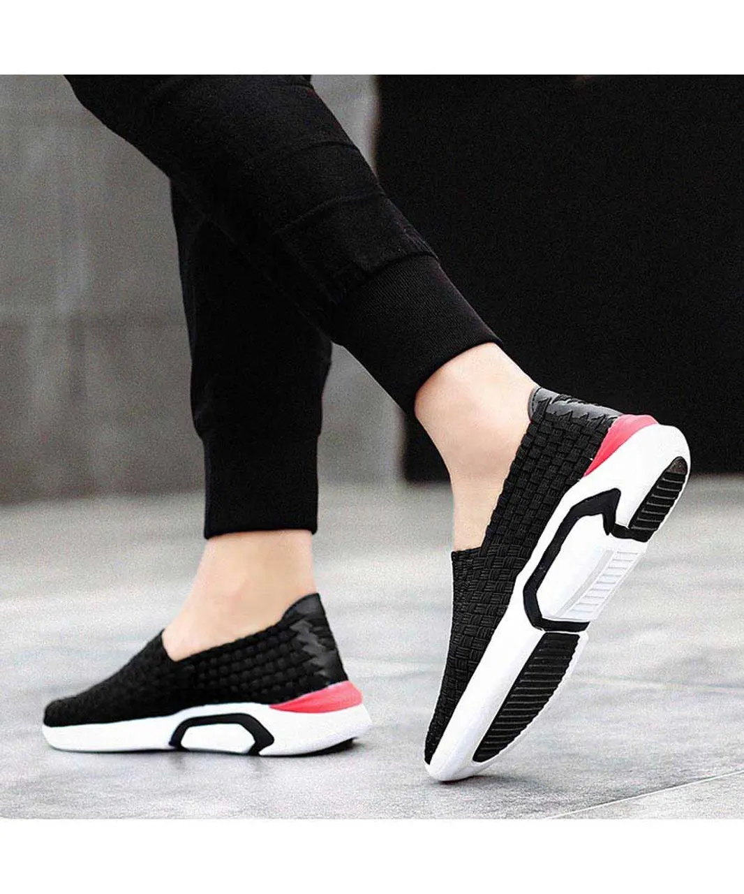 Black check weave slip on shoe sneaker