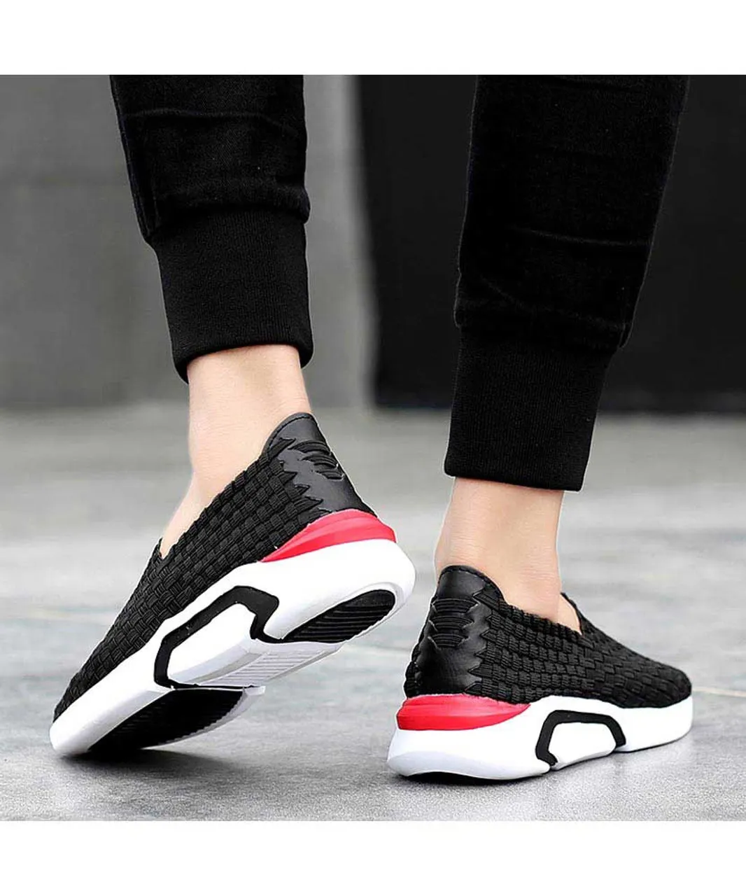 Black check weave slip on shoe sneaker