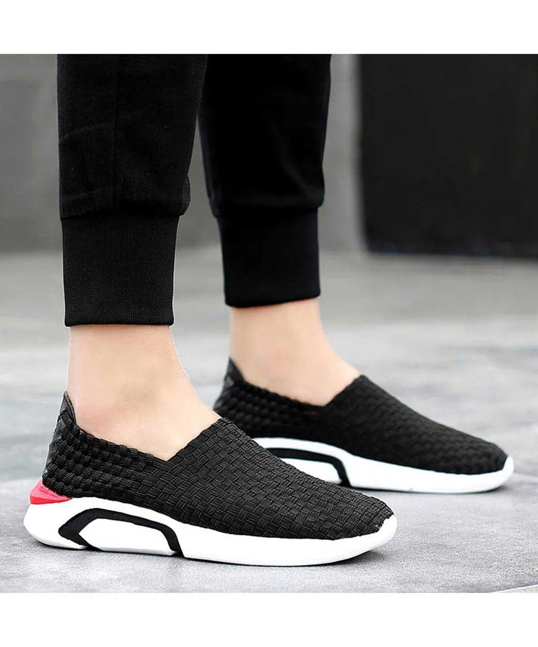 Black check weave slip on shoe sneaker