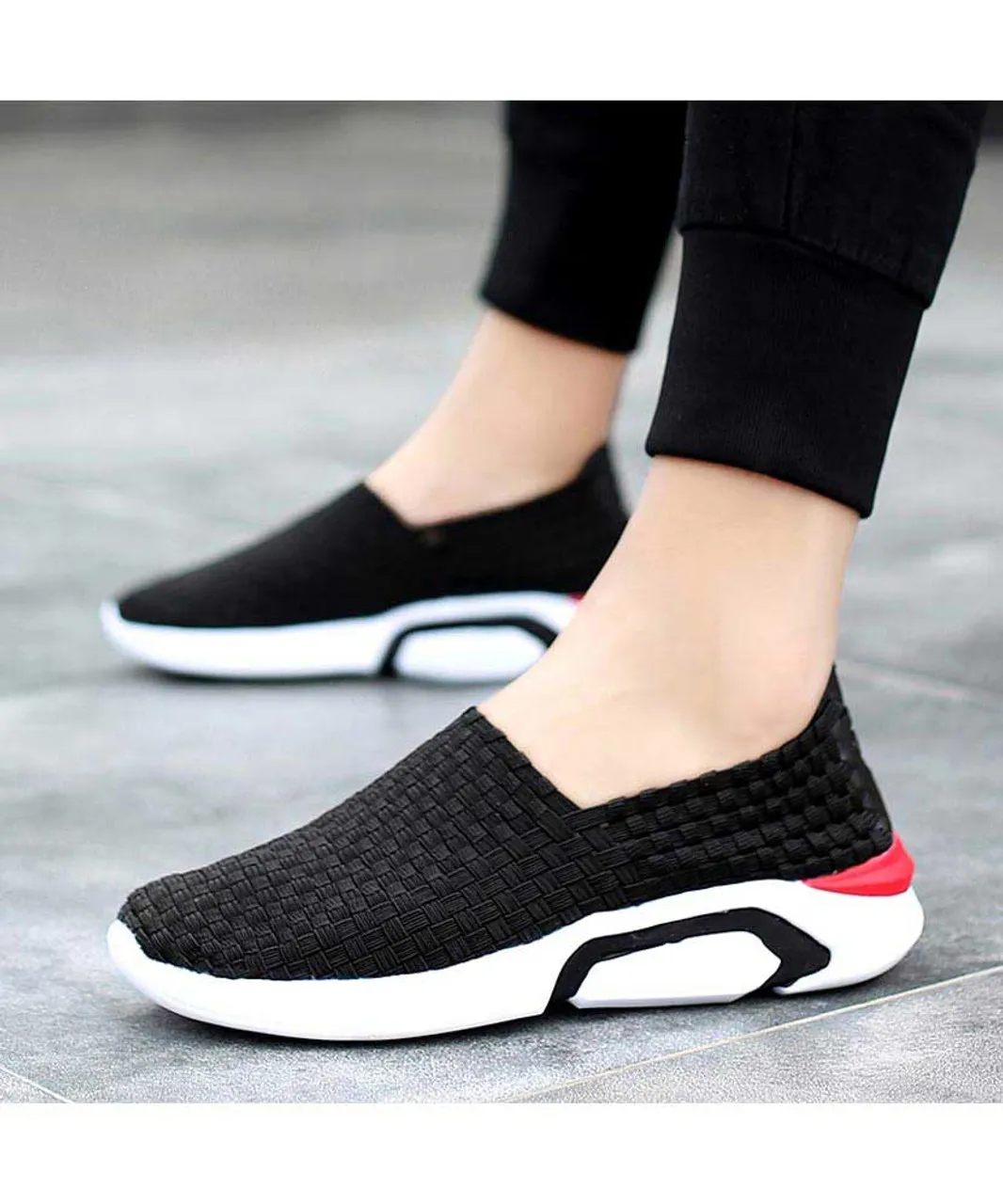 Black check weave slip on shoe sneaker