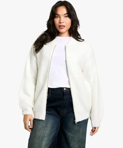 boohoo Womens Plus Oversized Zip Through Knitted Bomber Jacket