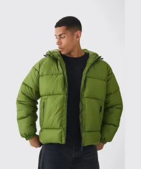 boohooMAN Mens Hooded Ripstop Puffer Jacket In Green