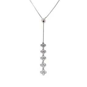 Crystal Flower Slider Lariat Necklace Rhodium Plated