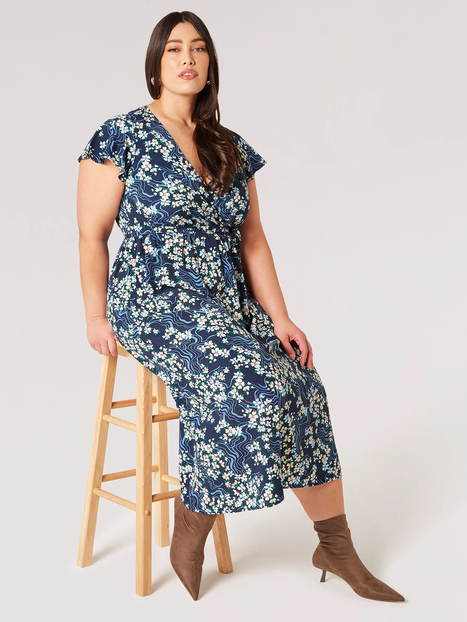 Curve Floral Swirl Wrap Midi Dress | Apricot Clothing