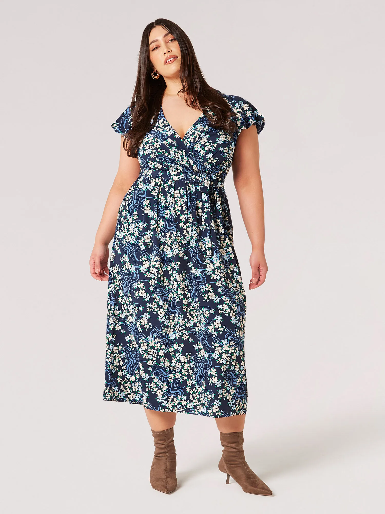 Curve Floral Swirl Wrap Midi Dress | Apricot Clothing