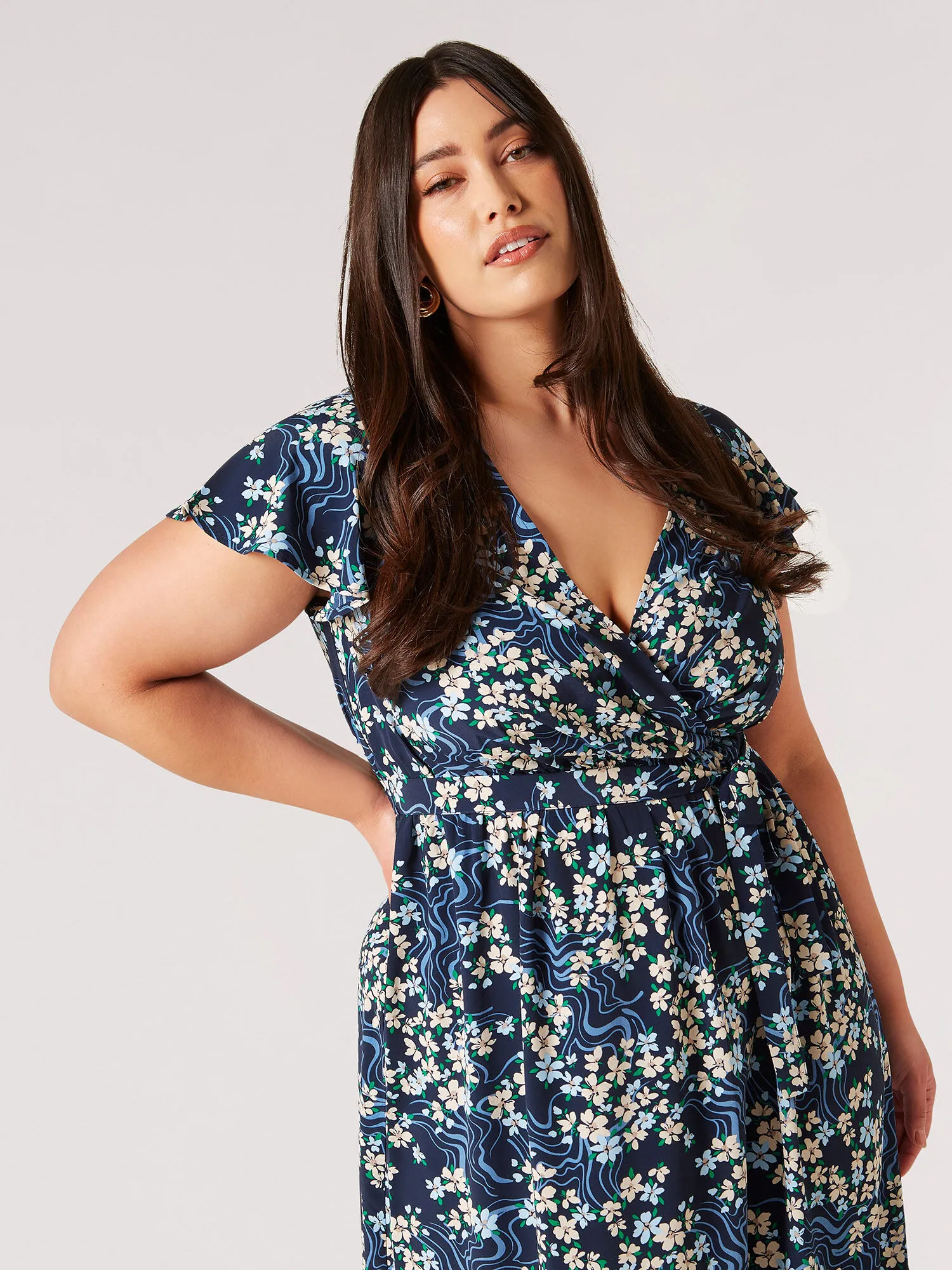 Curve Floral Swirl Wrap Midi Dress | Apricot Clothing