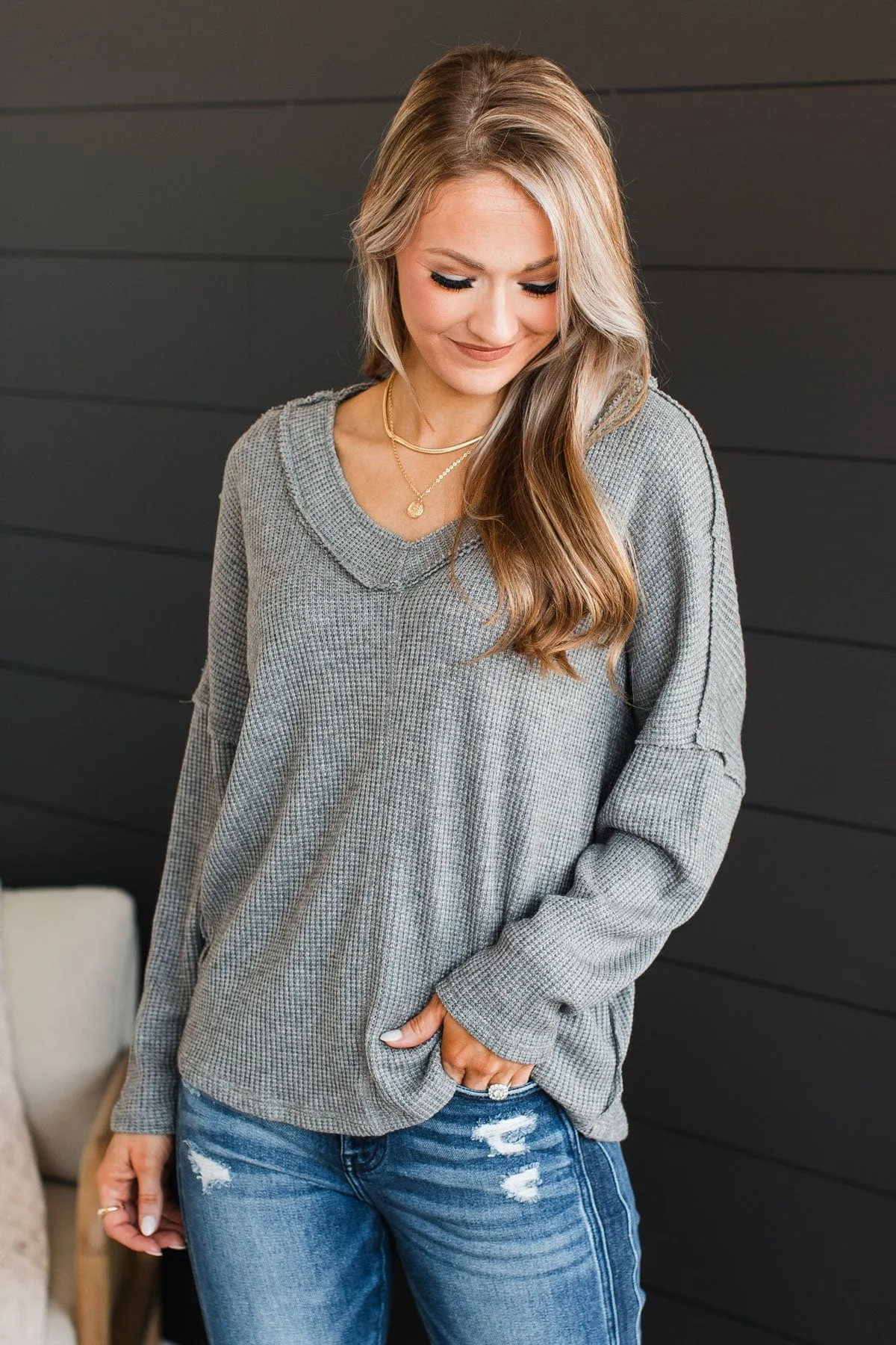 Effortlessly Happy V-Neck Knit Top- Grey