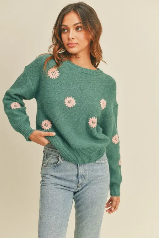 Floral Embroidered Teal Sweater