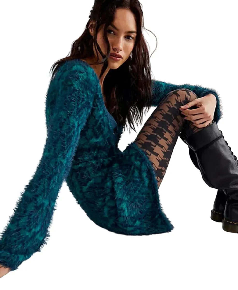 Free People Fuzzy Feelings Super Soft Angora Sweater Dress- Teal/Blue - Size Large