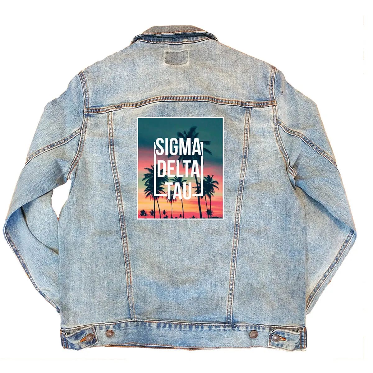 Greek Denim Jacket, Printed Sunset Palm Tree Design - Threadfast Apparel 370J - DTG