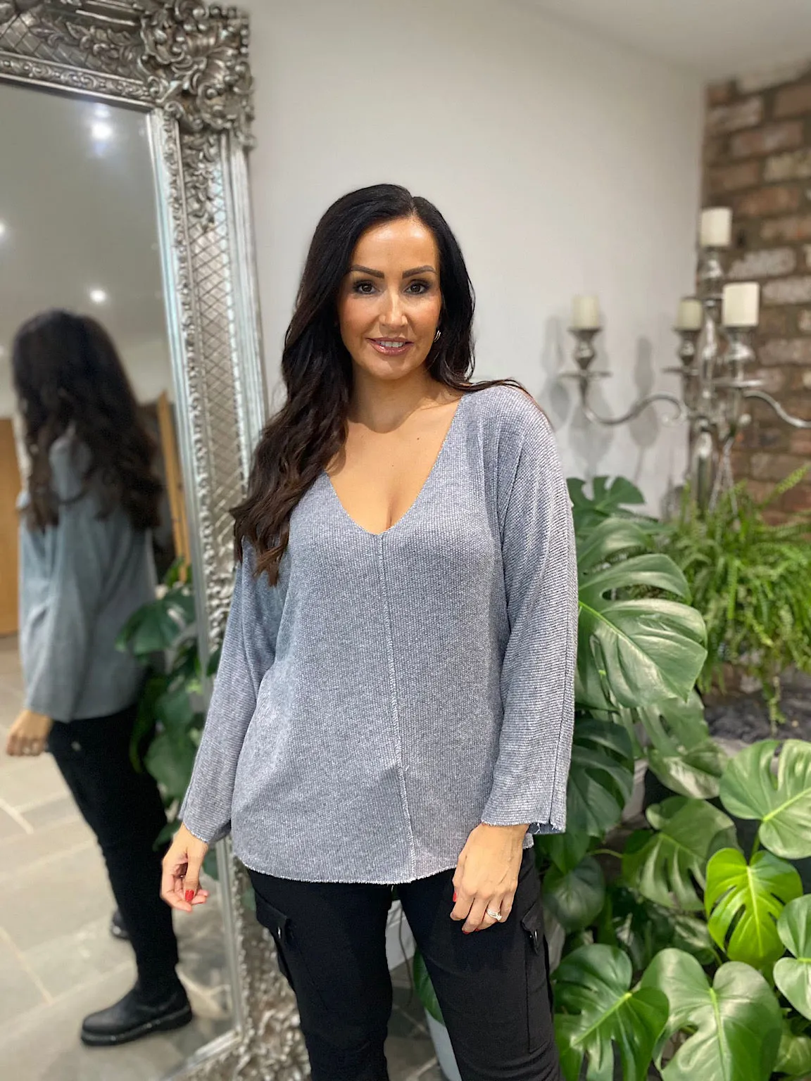 Grey V Neck Shimmer Knit Selina