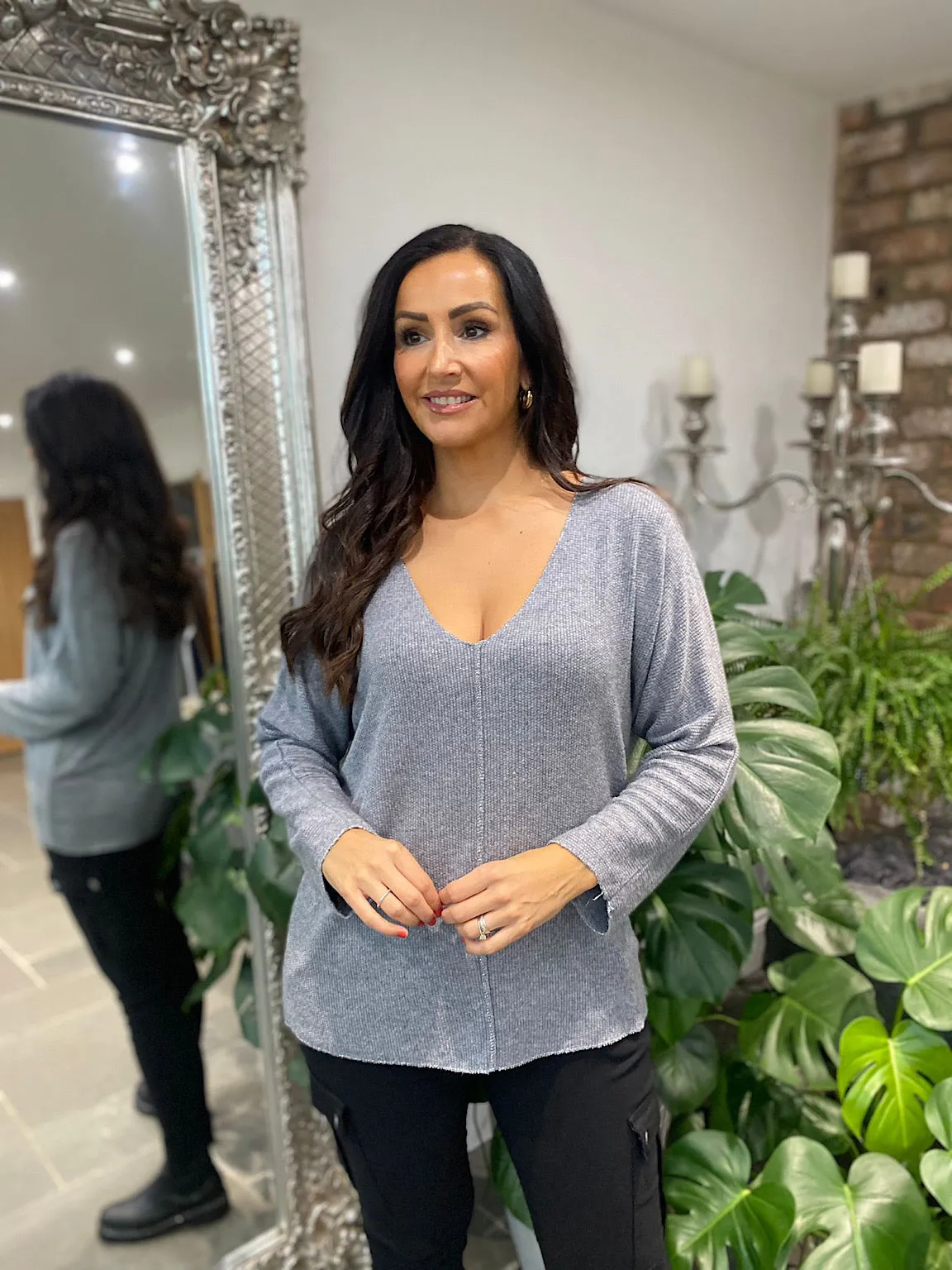 Grey V Neck Shimmer Knit Selina