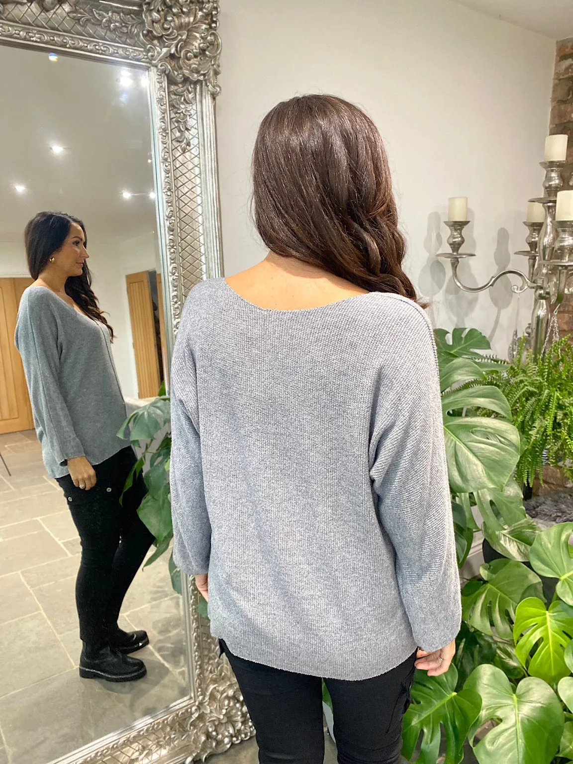 Grey V Neck Shimmer Knit Selina