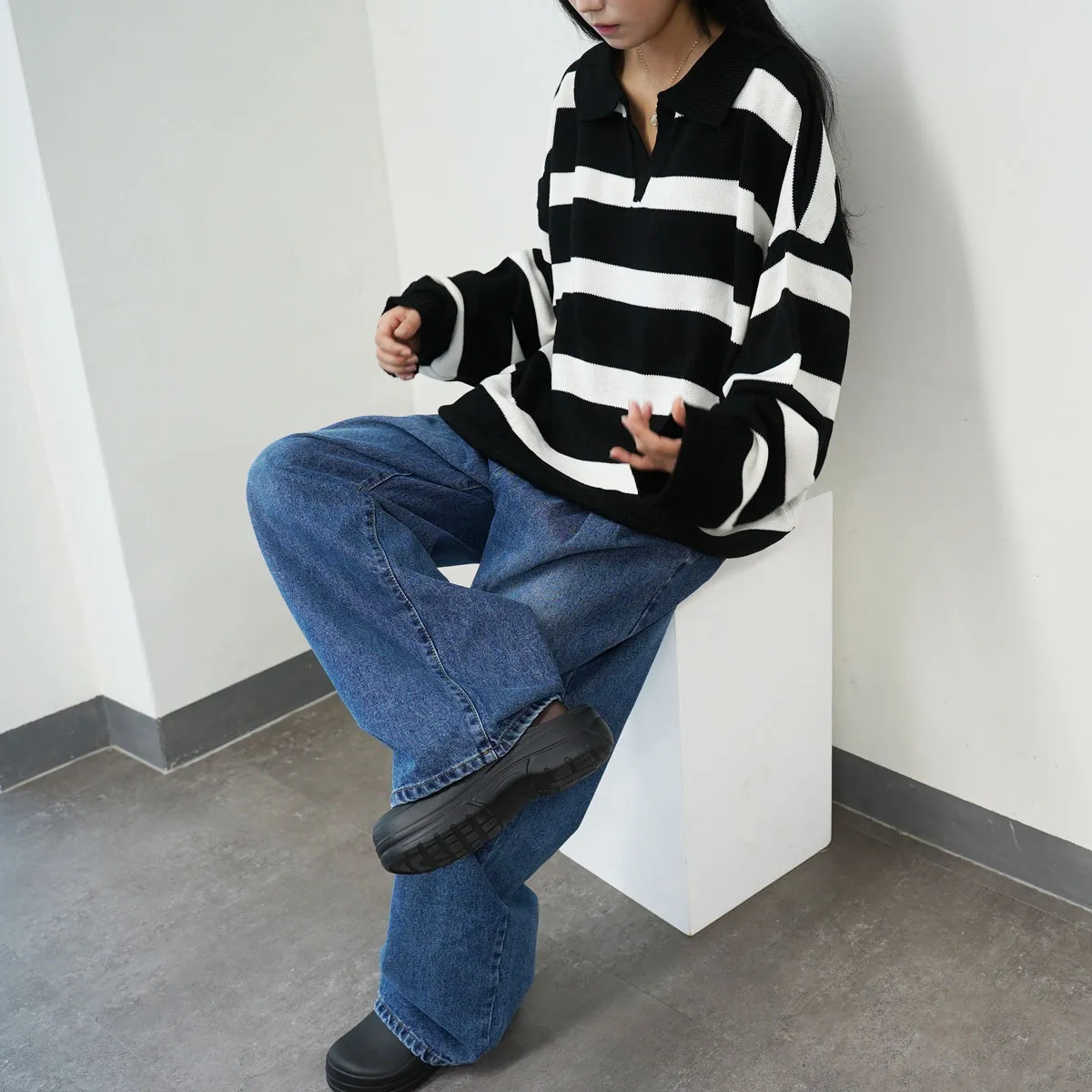 IONSEOUL  |Stripes Street Style V-Neck Long Sleeves Sweaters