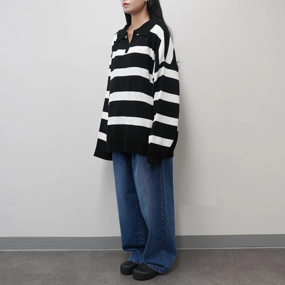 IONSEOUL  |Stripes Street Style V-Neck Long Sleeves Sweaters