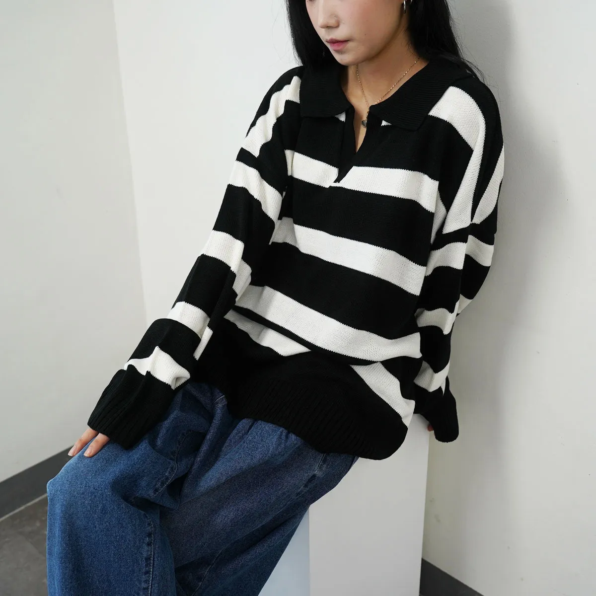 IONSEOUL  |Stripes Street Style V-Neck Long Sleeves Sweaters