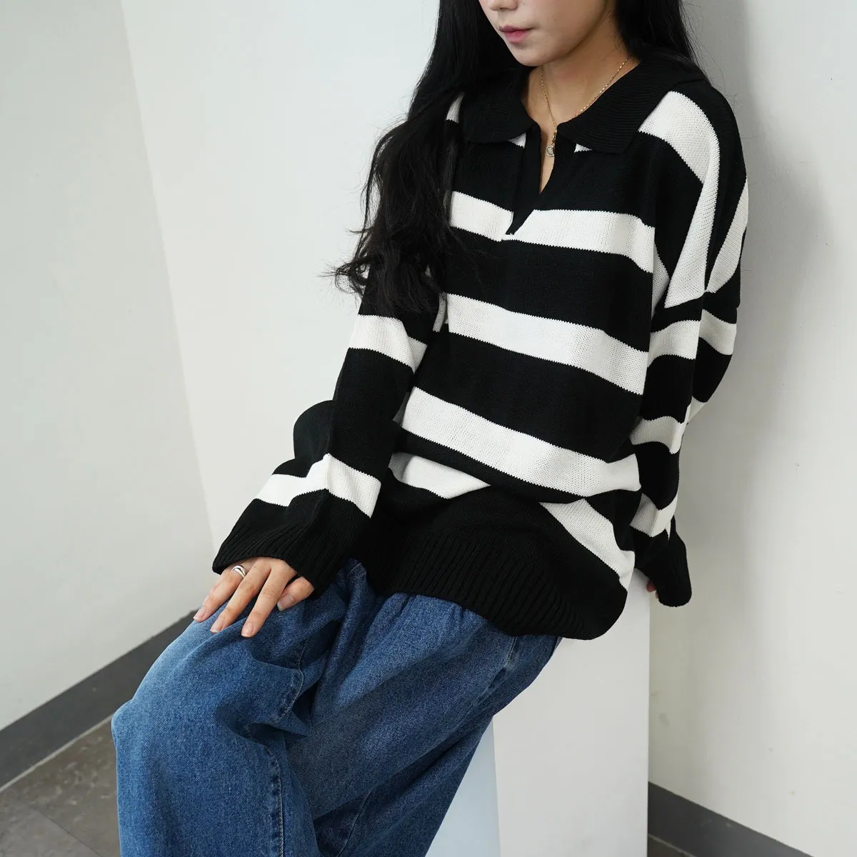 IONSEOUL  |Stripes Street Style V-Neck Long Sleeves Sweaters