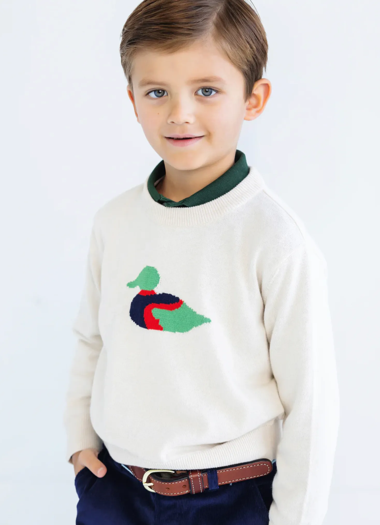 Isaac's Intarsia Sweater Sandy Springs Stone with Duck Intarsia