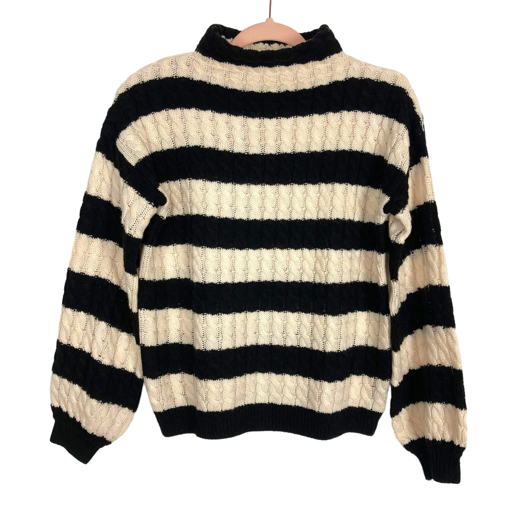 Line + Dot Black/Cream Striped Cable Knit Mock Neck Sweater- Size XS (see notes)