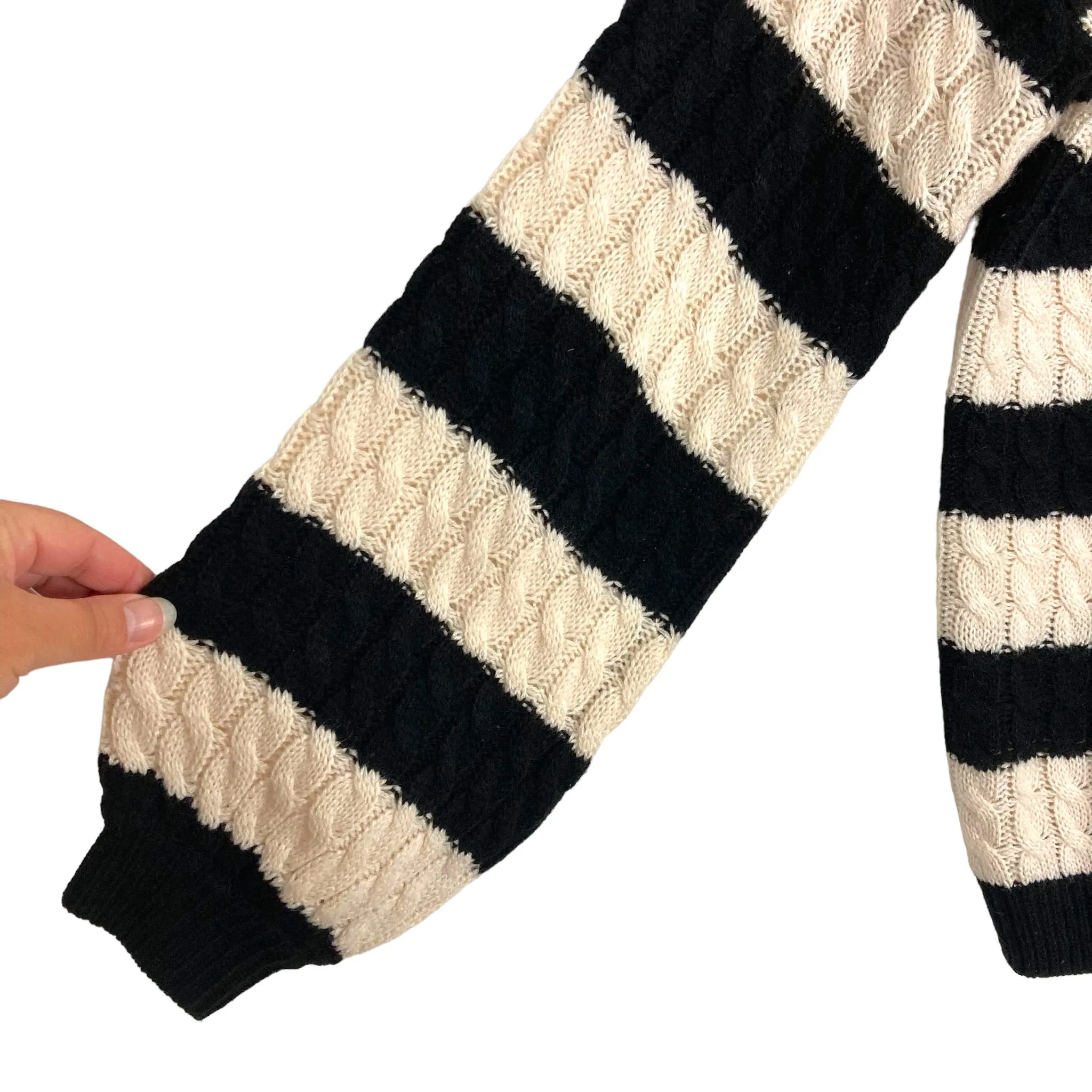 Line + Dot Black/Cream Striped Cable Knit Mock Neck Sweater- Size XS (see notes)