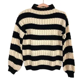 Line + Dot Black/Cream Striped Cable Knit Mock Neck Sweater- Size XS (see notes)