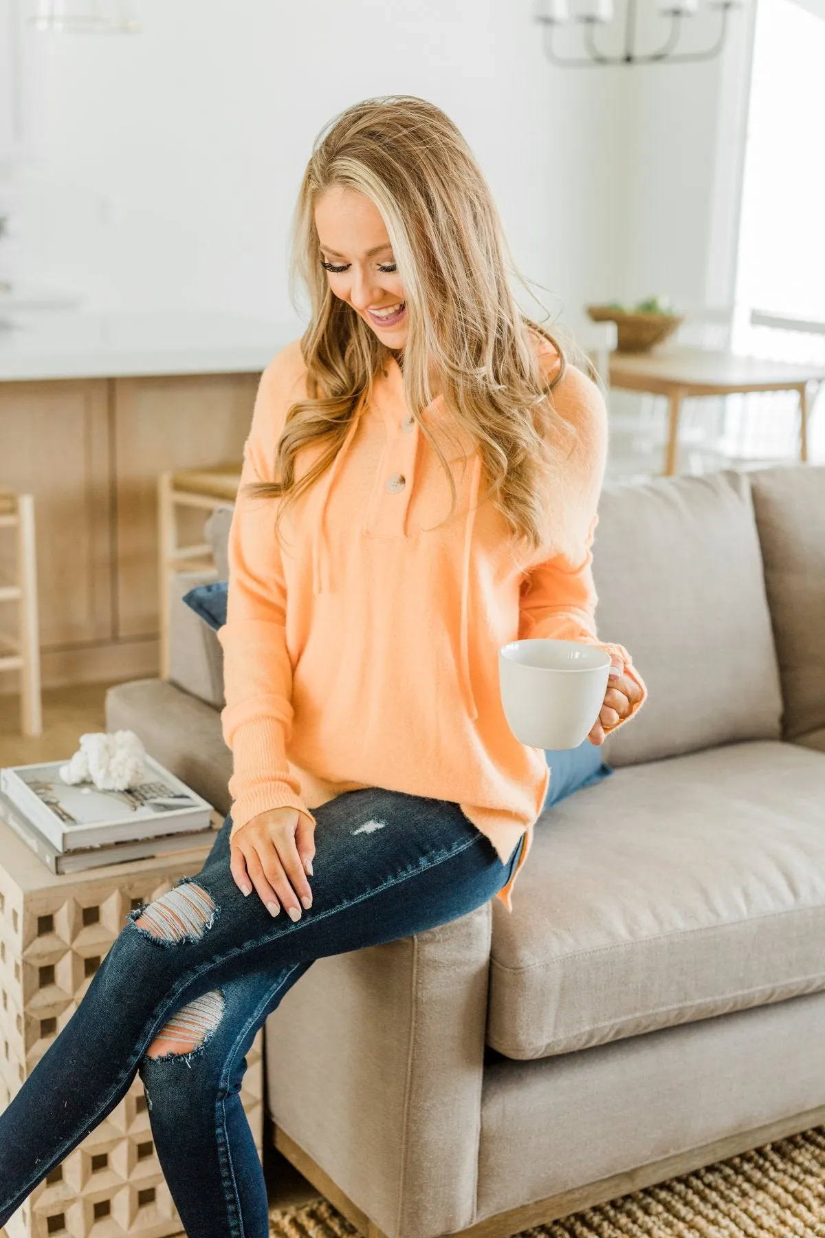 Make It Happen Hooded Henley Knit Top- Orange Sherbet