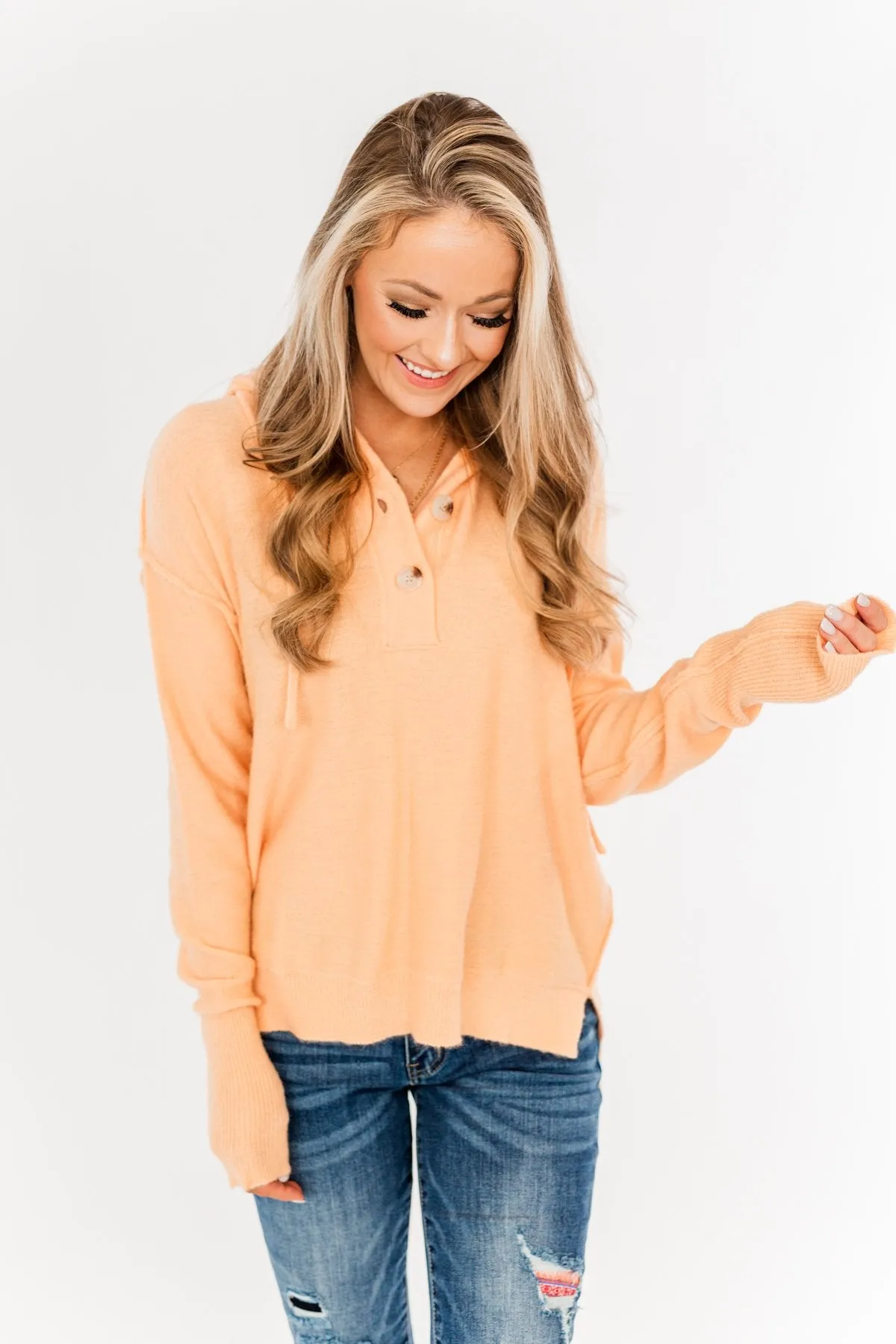 Make It Happen Hooded Henley Knit Top- Orange Sherbet