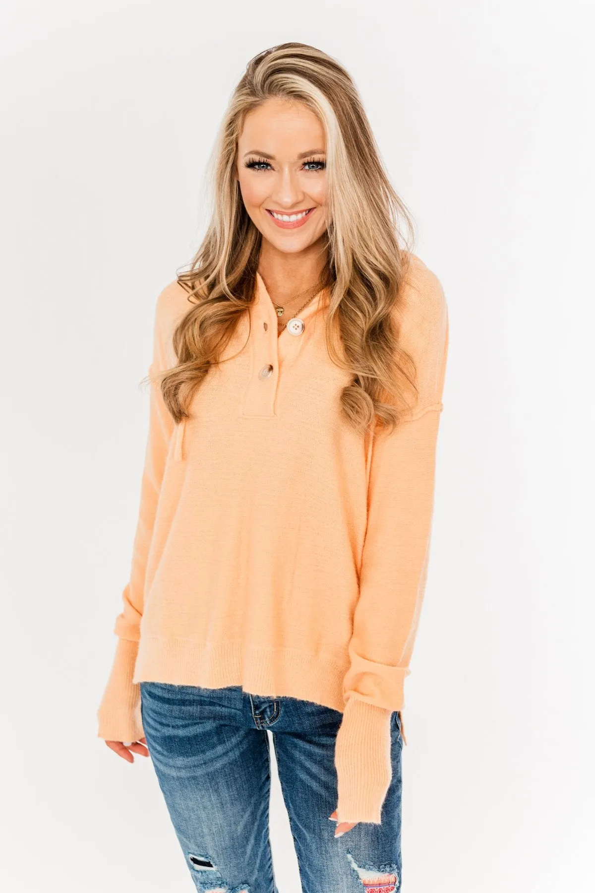 Make It Happen Hooded Henley Knit Top- Orange Sherbet