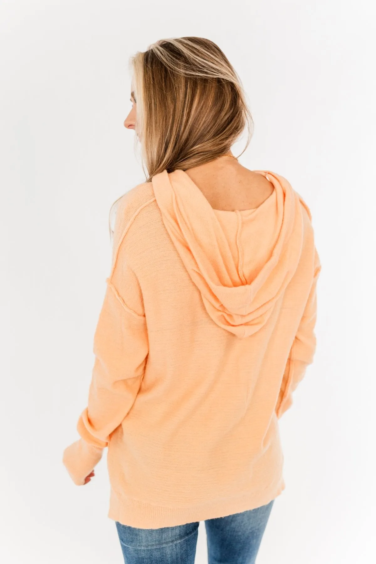 Make It Happen Hooded Henley Knit Top- Orange Sherbet