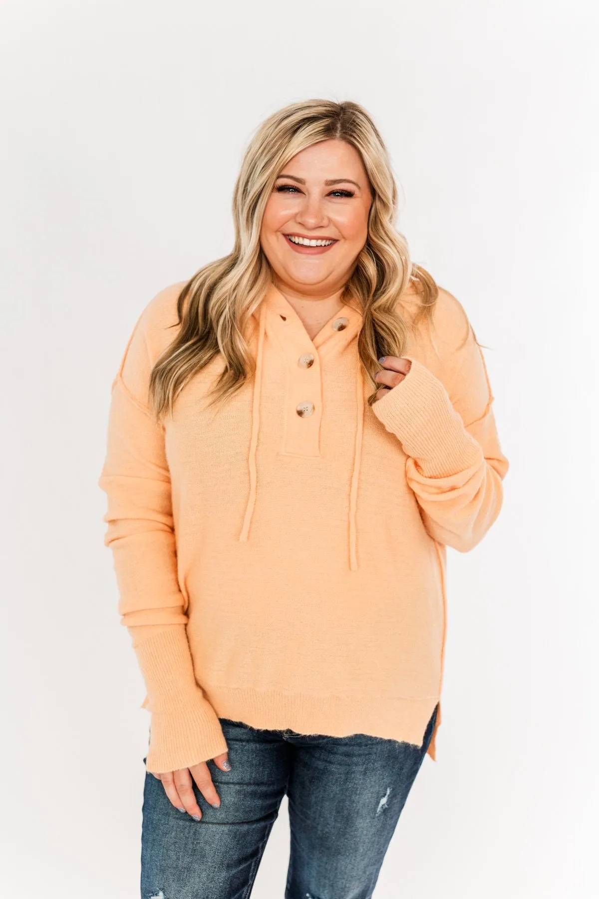 Make It Happen Hooded Henley Knit Top- Orange Sherbet