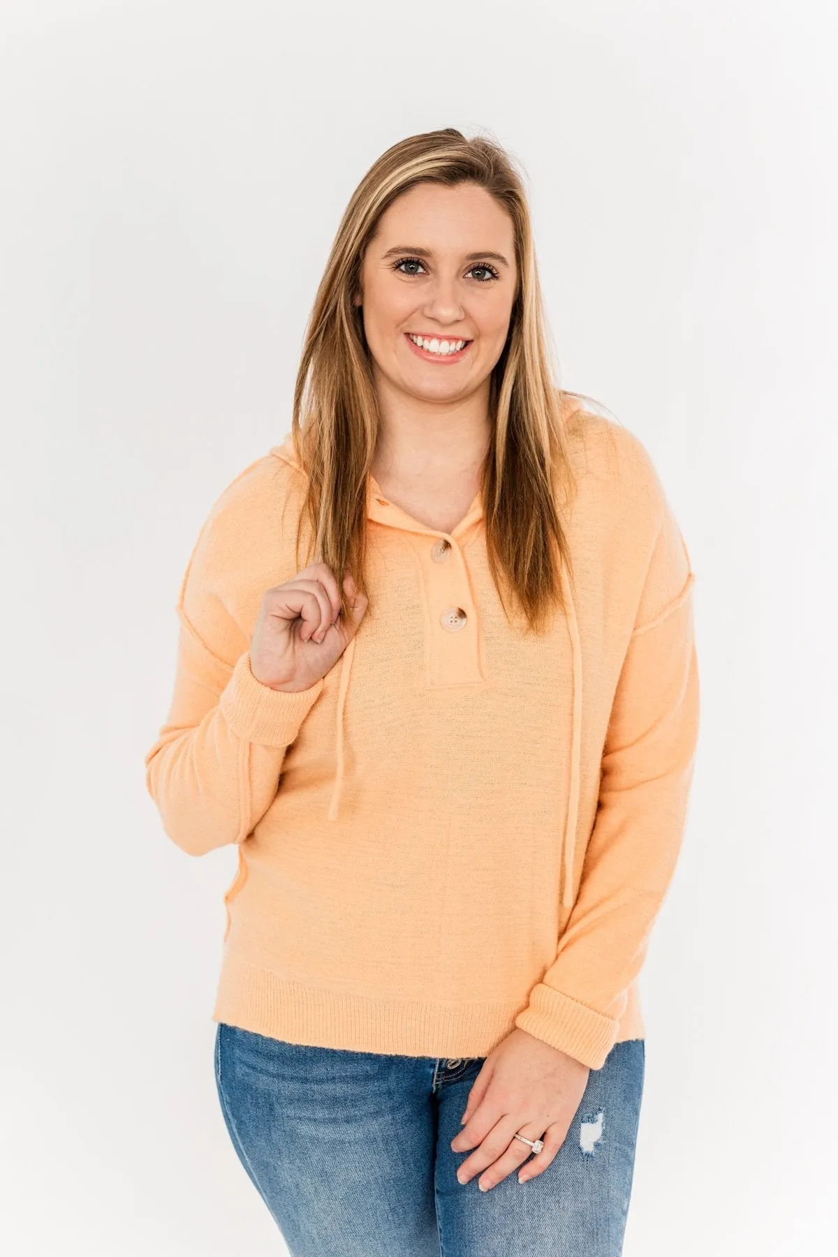 Make It Happen Hooded Henley Knit Top- Orange Sherbet