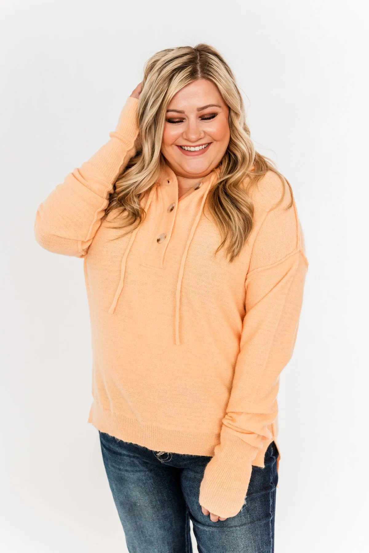 Make It Happen Hooded Henley Knit Top- Orange Sherbet