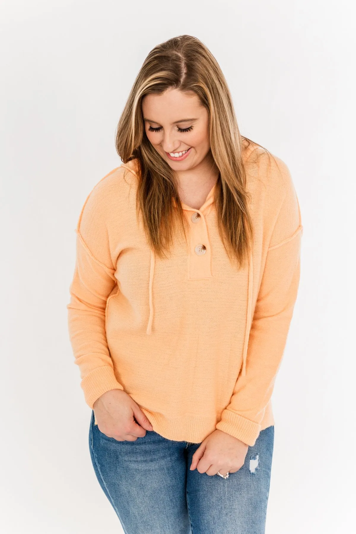 Make It Happen Hooded Henley Knit Top- Orange Sherbet