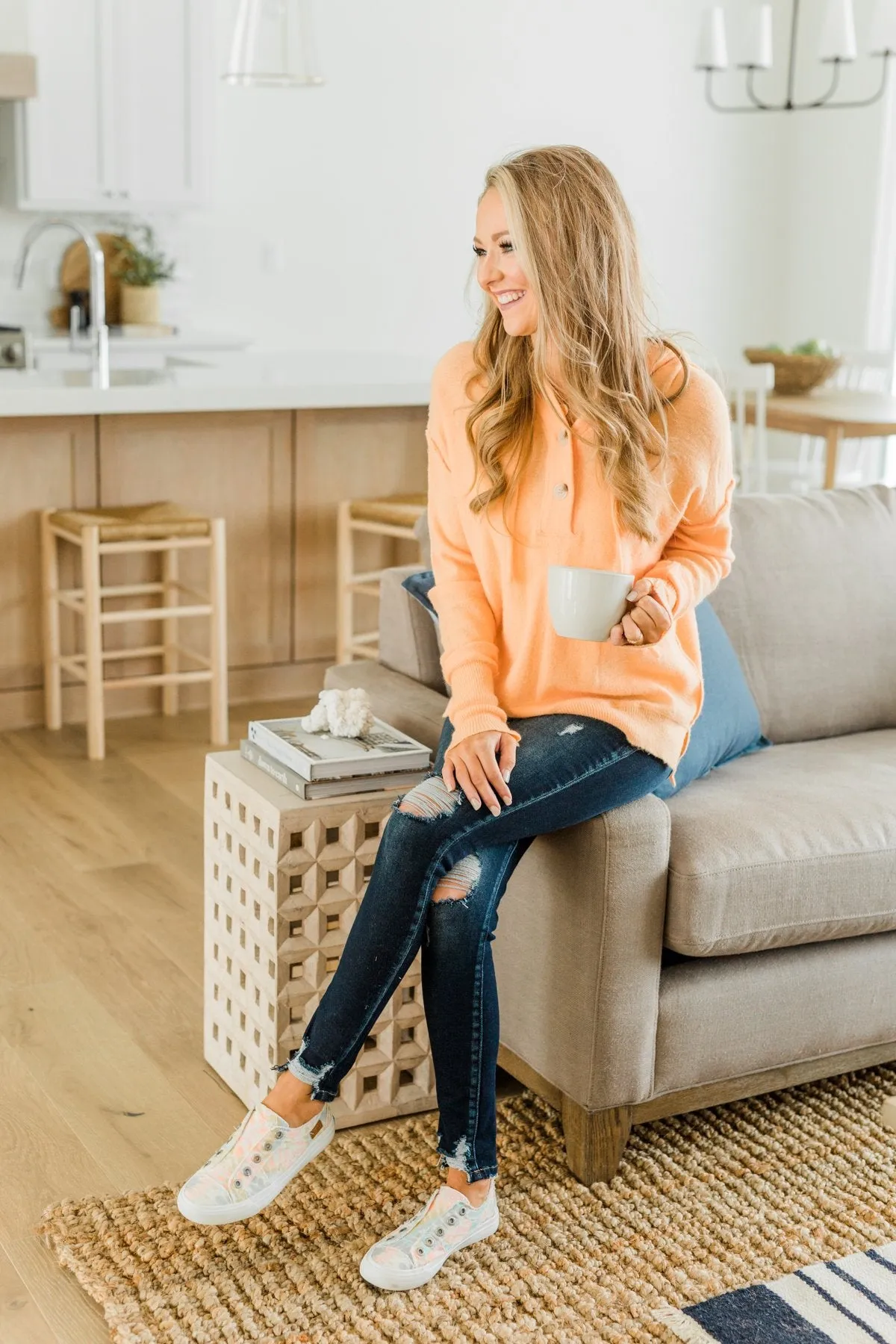 Make It Happen Hooded Henley Knit Top- Orange Sherbet