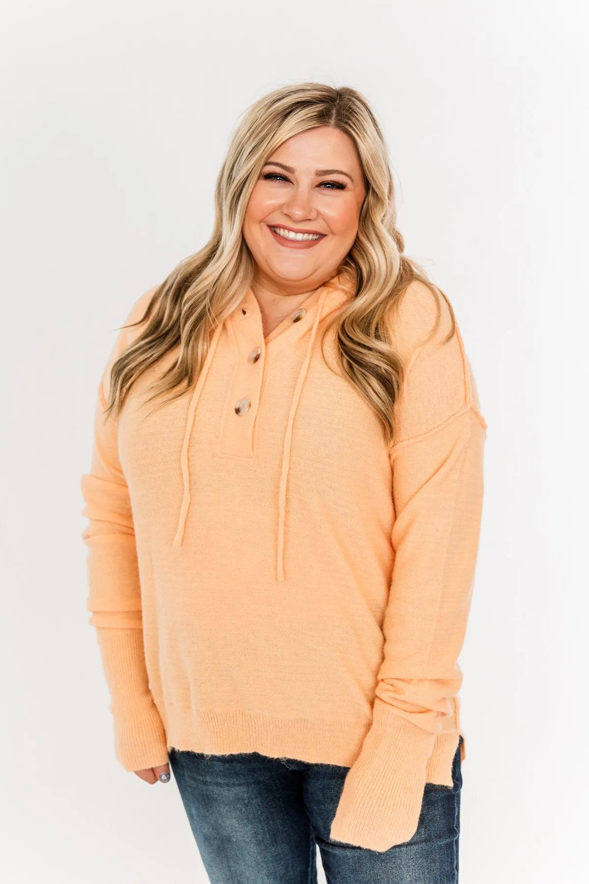 Make It Happen Hooded Henley Knit Top- Orange Sherbet